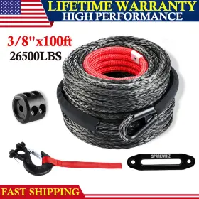 26500LBS SPARKWHIZ Synthetic Winch Rope Line Cable Steel Hook
